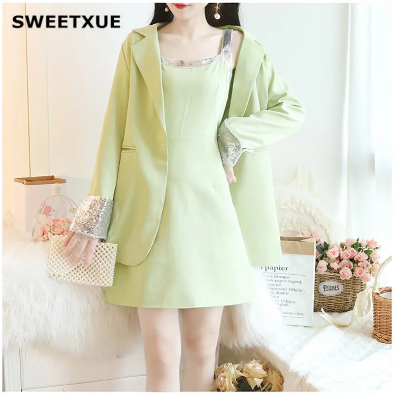 

SWEETXUE 2019 Autumn Small suit Jacket + sling Dress Two-Piece Sets Elegant Slim A-Line Sequin Dress Suit Women Solid Color Blaz
