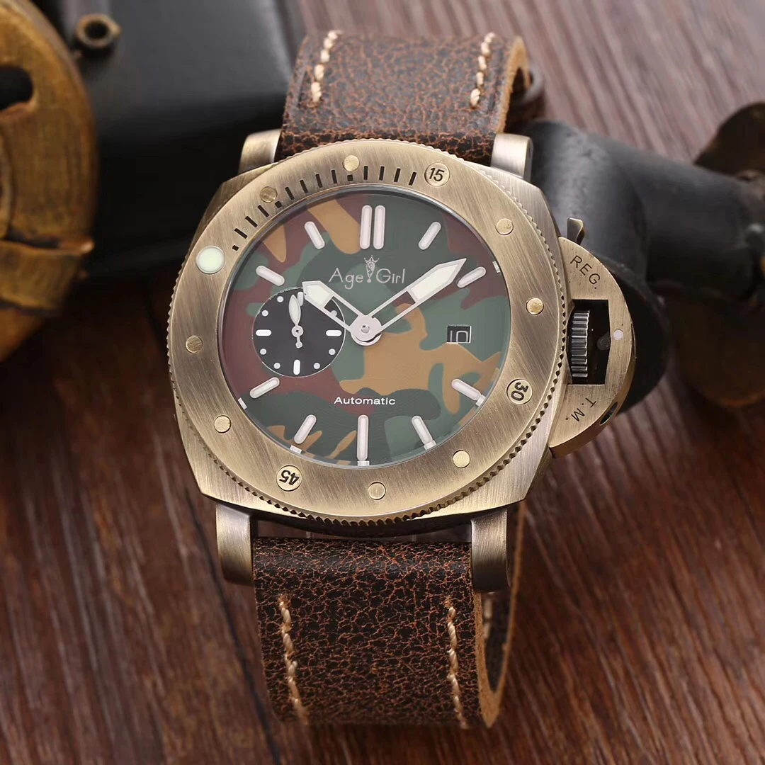 

Luxury Brand New Men Automatic Mechanical Sapphire Bronze Navy Green Brown Leather 3 Days Watch Luminous 47mm Silver Watches AAA