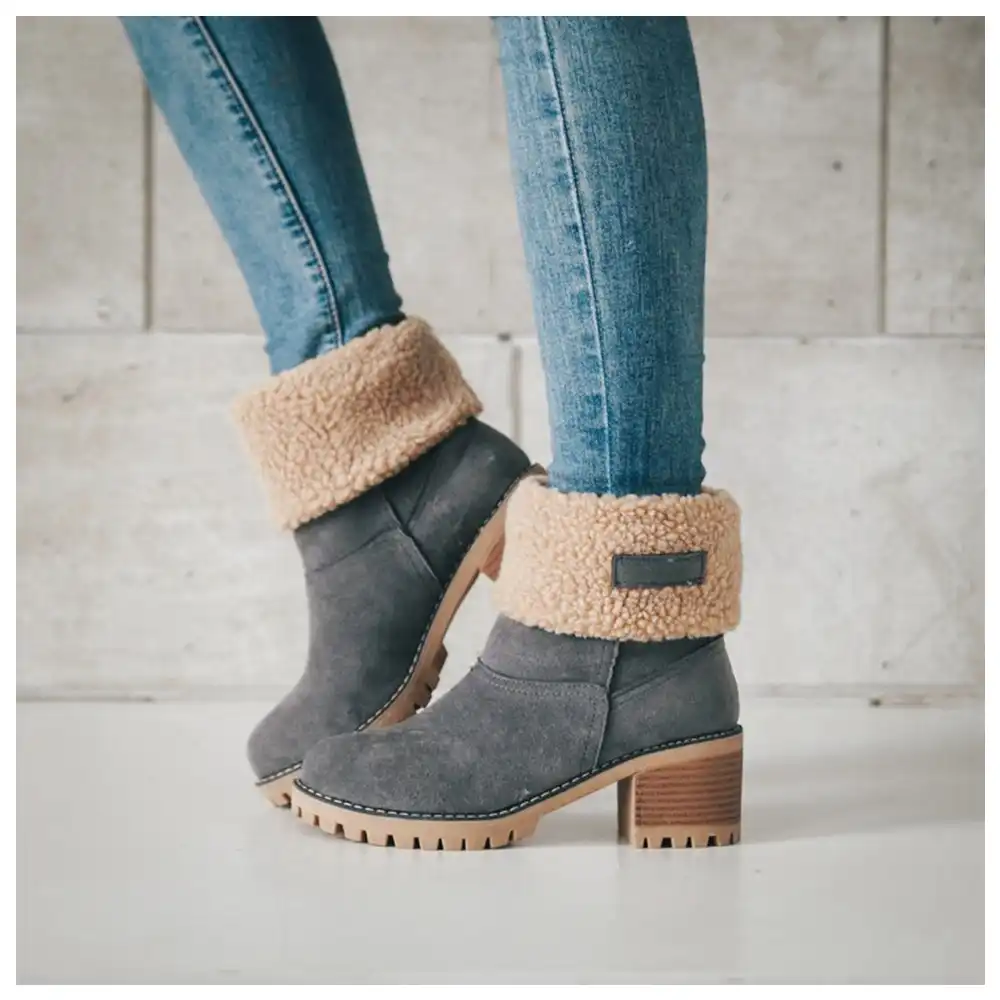 women cute warm short boots suede chunky mid heel round toe winter snow ankle booties