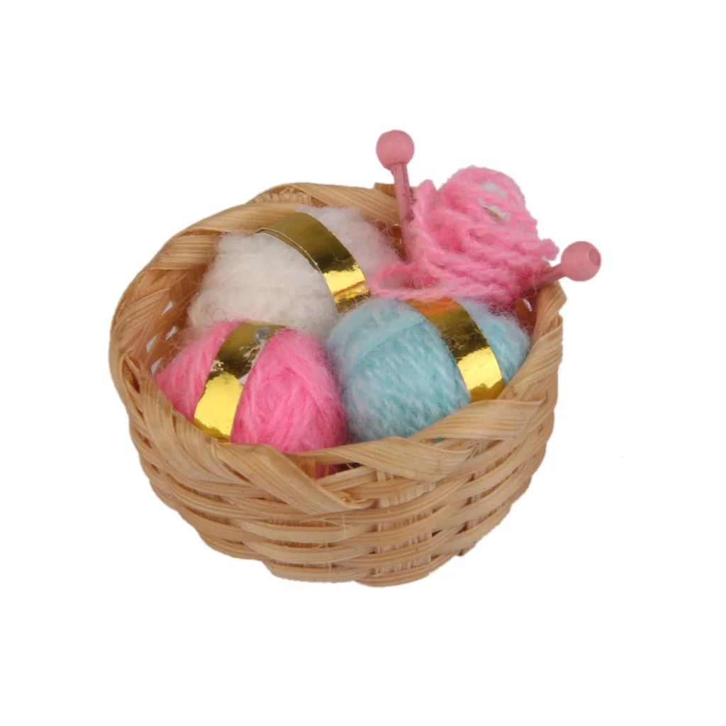 1/12 Knitting Work Bamboo Basket w.Woolen Threads Needle Dollhouse Accessory