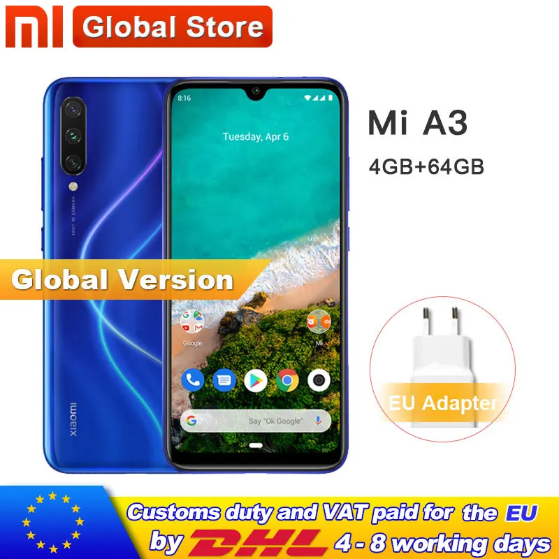 В наличии глобальная версия Xiaomi mi мобильного телефона A3 4 Гб 64 48 Мп + 32 МП камера