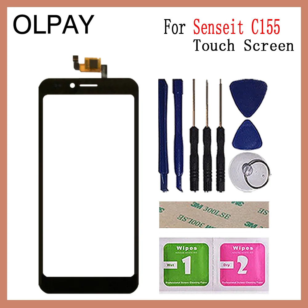OLPAY 5," мобильный телефон для Senseit C155 сенсорный экран дигитайзер панель передняя внешняя стеклянная линза сенсор Бесплатный клей+ салфетки - Цвет: Black With Tools