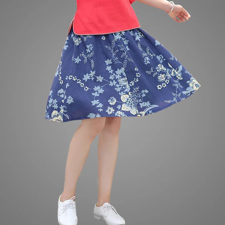 

Literature And Art Women's Plain Color Summer New Style High-waisted Cotton Linen Pleated Casual Puffy Joint Floral-Print Big He