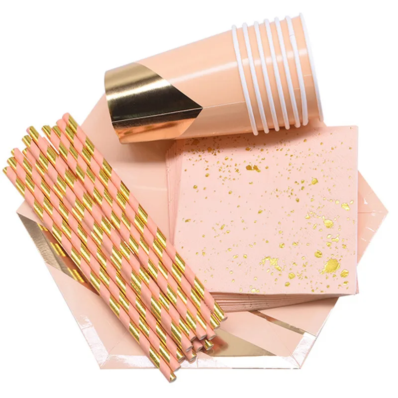 

Disposable Tableware Set Foil Strip Straws Paper Cup Plate For Wedding Birthday Party Decor Supplies Baby Shower Table Ornaments