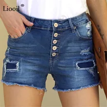 

Patch Button Up Ripped Stretch Denim Shorts With Pockets New 2022 Summer Streetwear Women High Waist Sexy Hole Rave Jean Shorts