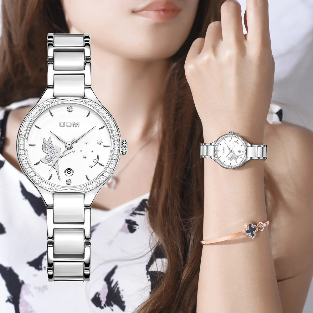Женские наручные часы DOM модные с керамическим ремешком бриллиантами топовые