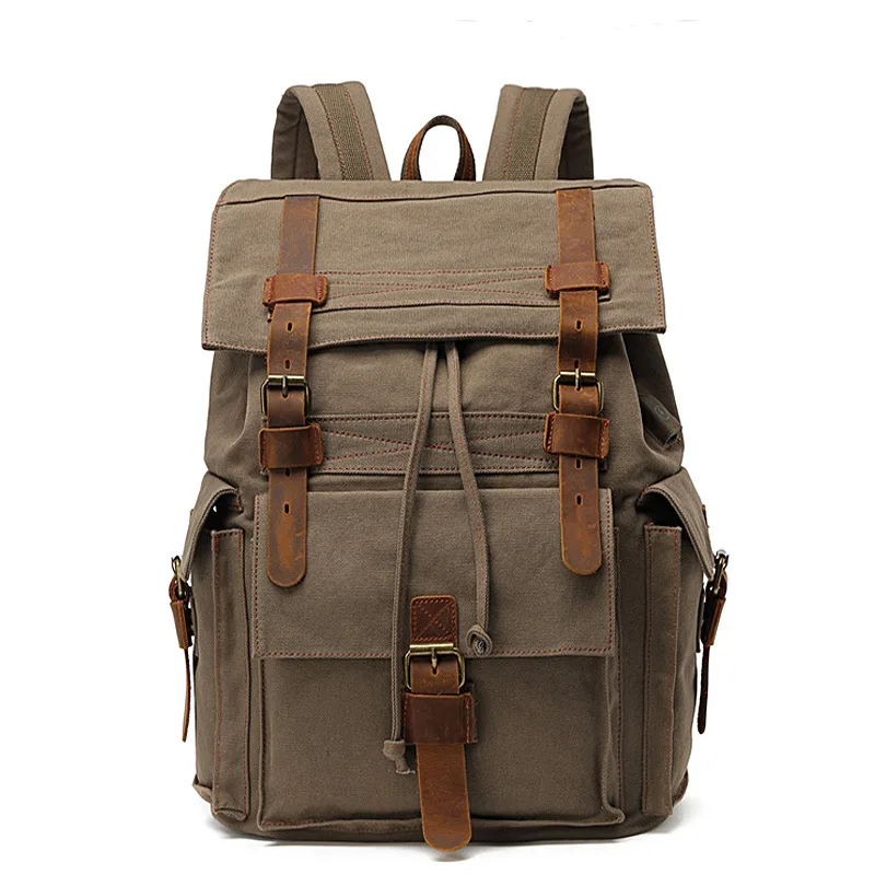 

Drawstring Canvas Bag Vintage Outdoors Travel Bags Canvas Backpack Flap Pocket Camping Hiking Sports Bags with USB Hole