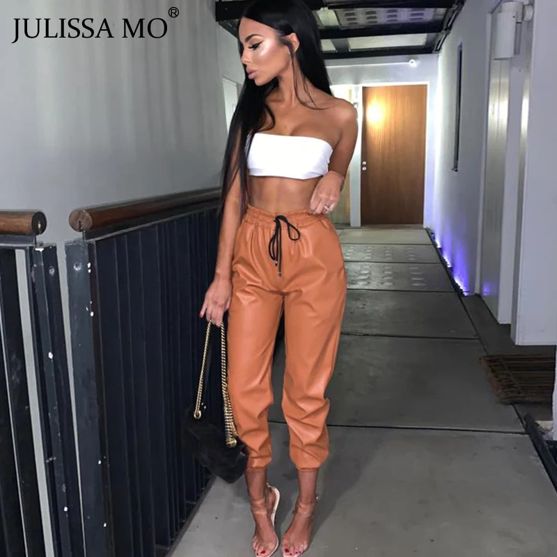 

JULISSA MO Black PU Leather Harem Pants for Women High Waist Elastic Fur Faux Pant Autumn Winter Casual Streetwear Trousers