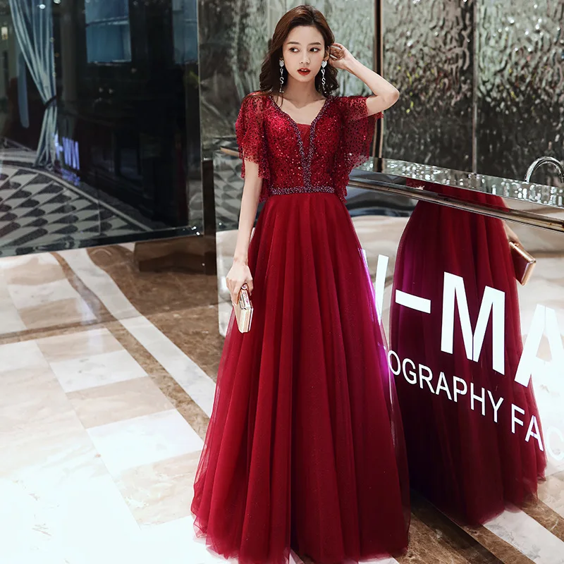 

Elegant Evening Dress Long 2021 Short Sleeve Formal Party Gowns for Women with Sequins A Line Prom Dress