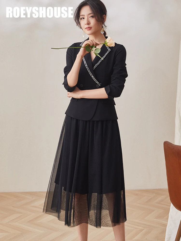 

Annual meeting little black dress 2020 new slim and elegant net yarn big fake two-piece dress dress