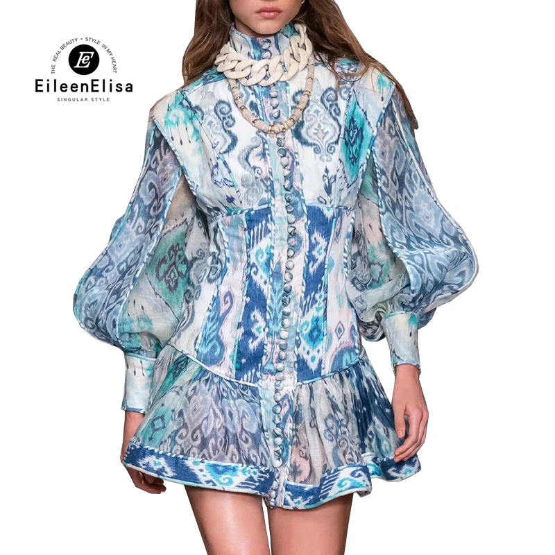 

Women Dress Elegant Printed Dress 2019 Autumn lantern Sleeve Mini Dress Vestidos