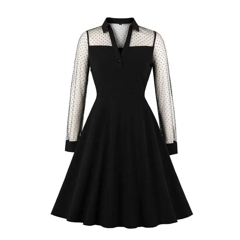

Vintage Lapel Polka Dot Lace Knee-Length Mid Dress Female Retro Sexy Party Robe Gothic Black A Line Dress 2019 Autumn Winter