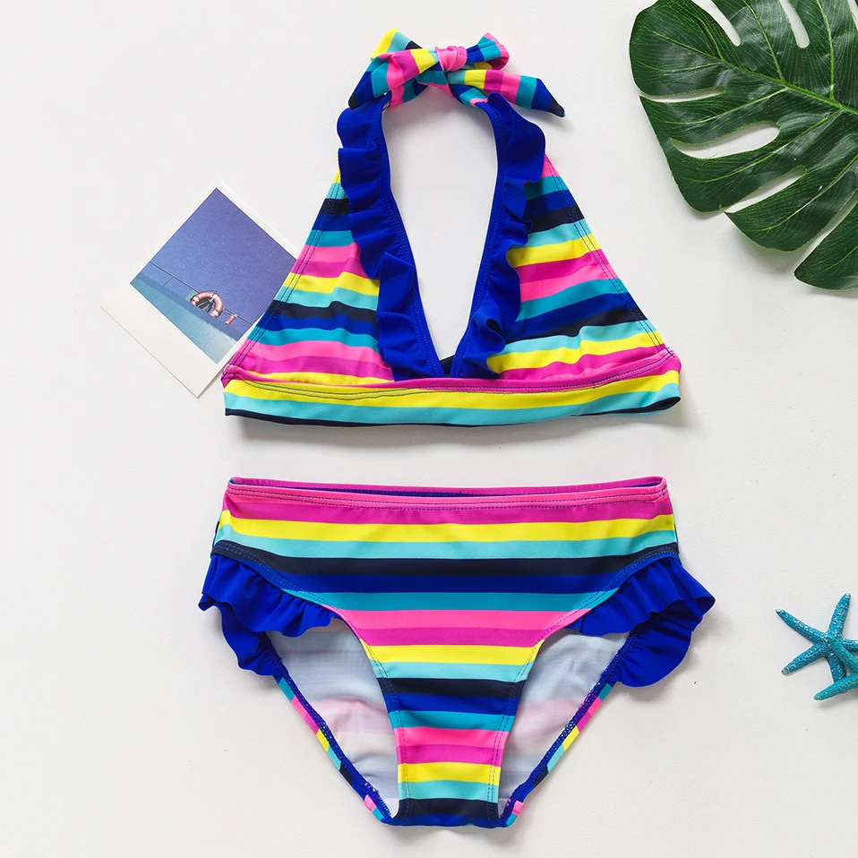 5-14years 2021 Girls Swimsuit Two-Pieces Stripe Swimwear Children Cute Bikini Suits Summer Bathhing Lace Swimsuits | Спорт и