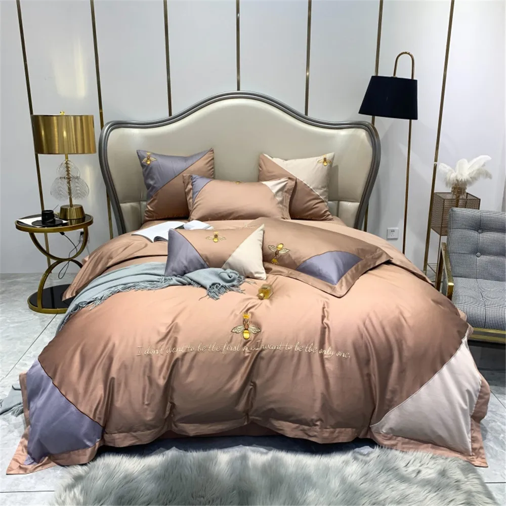 

100S High Density Cotton Embroidered Crown Bees Patchwork Pink Blue Camel Colorful Beddingsets King Geometric Style Duvet Covers