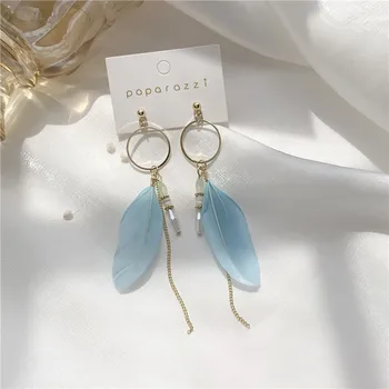 

Timlee E189 Korea Fashion Geometry Round Feather Tassels Metal Long Dangle Earrings,Personality Jewelry wholesale