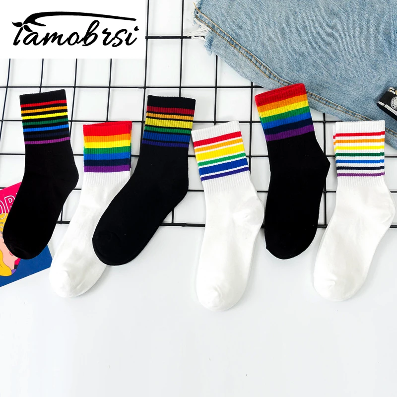 Rainbow Striped Fashion Korean Streetwear Women Socks Warm Funny Candy White Black Short Winter Cotton Neon Happy LGBT Socks