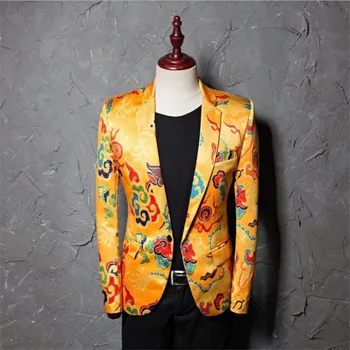 

New Men Blazer Luxury Gold Dragon Printing Prom Suit Coat Gothic Slim Party Stage Performance Wedding Host Suit Jacket Tops