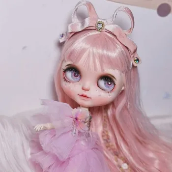 

Blyth Doll NBL 1/6 BJD Customized Face,big eyes doll makeup Ball Jointed Doll with pink wig with painted Sleep eyes girl T005