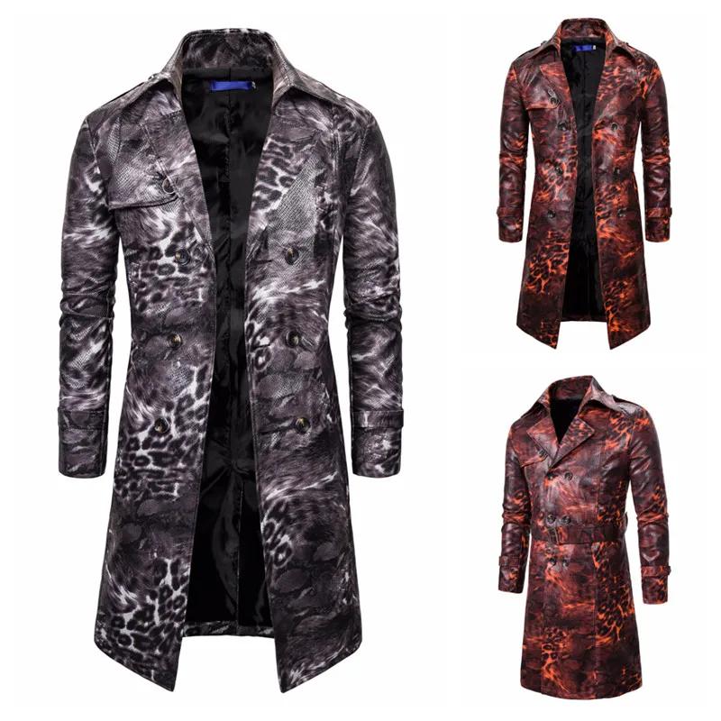 stone island jacket European Version of Men's Fashion Casual Trench Coat Jacket Leopard Tide Double-breasted Personality Long Trench Coat Plus Size men's coats & jackets