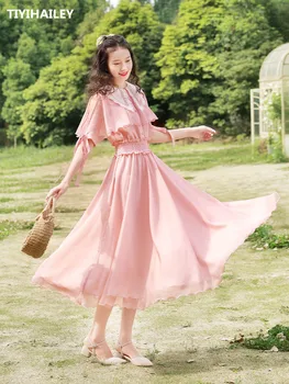 

TIYIHAILEY Free Shipping 2020 Long Mid-calf Women Beach Boshow S-L Ruffles Chiffon Pink Short Sleeve Turn Down Collar Dresses