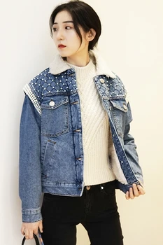 

Pearl decoration Winter women denim jacket lamb fur turndown collar short coat ladies outwear female clothes with pockets