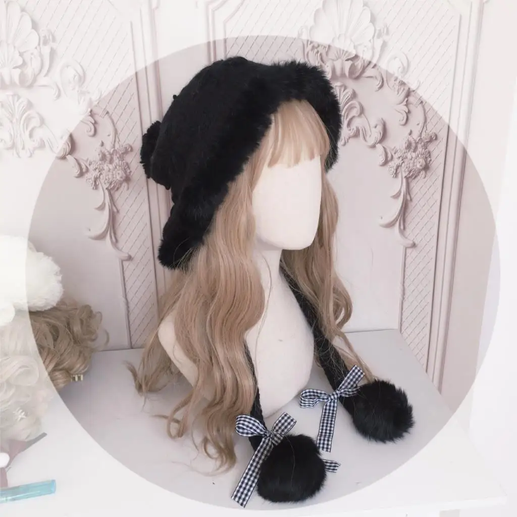 Lolita element autumn and winter warm rabbit fur ear protection hat knitted wool hat cute fur ball 4
