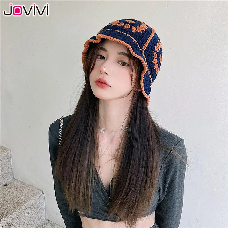 Jovivi Women Knit Beanie Hat Crochet Cotton Bucket Hat Handwoven Flodable Winter Warm Hat Fashion Handmade Skull Beanie Cap black bucket hat womens