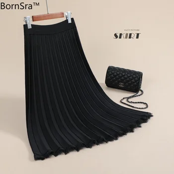 

BornSra 2020 Autumn New Skirt Mercerised Cotton Lace Stitching Pleated Midi-Skirt A- Line Dress