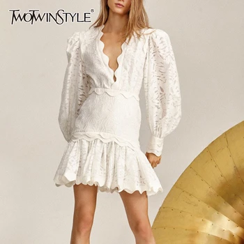 

TWOTWINSTYLE Patchwork Ruffles Hollow Out Dresses For Women V Neck Lantern Long Sleeve High Waist Mini Dress Female 2020 Fashion