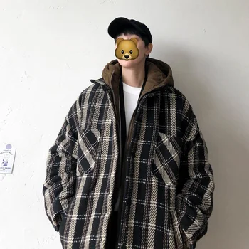 

2019 New Large Size Winter Simple Popular Men's Loose Fake Two Pieces Of Material Lattice Thick Hooded Cotton Coat