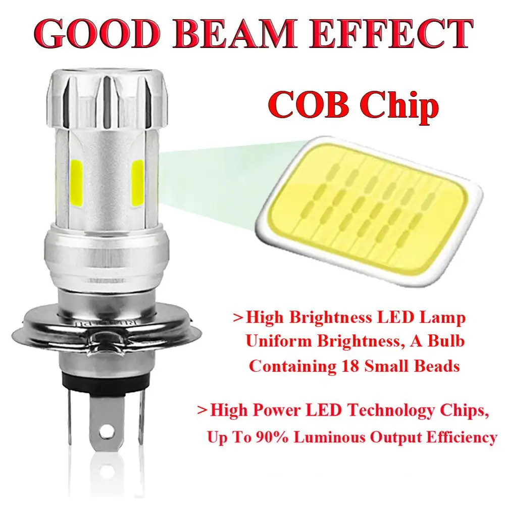 

3 Sides Super Bright H4 Led Bulb White 36w Led Motorcycle Headlight Cob 9003 6000k Motorbike Head Lamp High/low Beam Headlight
