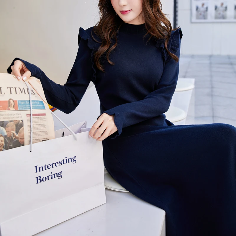 

High Quality Autumn Ladies Fashion Pullovers Long Dress Long Sleeve Stand Knitted Jumper Women Christmas Winter Sweater Dress