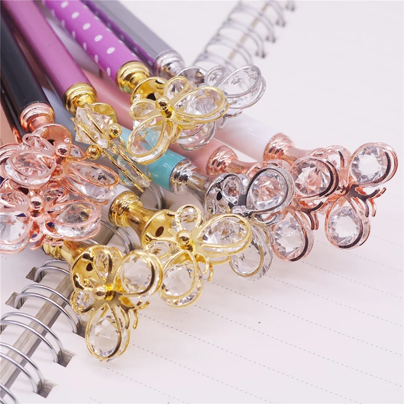 50 Pcs Crystal Butterfly Ball Point Pen Bullet Tip Metal Ball Pen Student Office Stationery Writing Pen Black Refill Wholesale