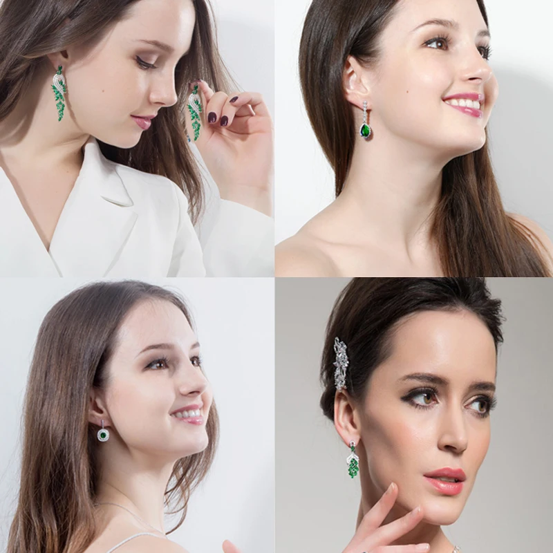 ThreeGraces Vintage Big Water Drop Green Crystal Stone Long Earrings Flower Cubic Zirconia Women Wedding Hanging Earring ER047 - Image 2