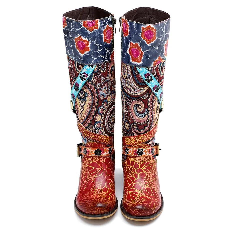 Vintage Women Knee High Boots Genuine Leather Riding Boots Autumn Winter Round Toe High Square Heels Western Cowgirl Boots Shoes (16)