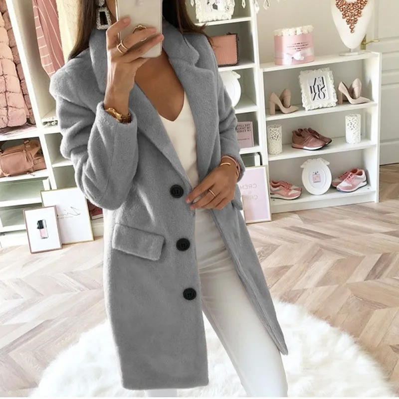 Осенне-зимнее женское Шерстяное Пальто размера плюс 3xl однотонное повседневное пальто с длинным рукавом модная верхняя одежда больших размеров - Цвет: gray