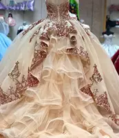 Rose Gold Sparkly Ball Gown Quinceanera Dresses Detachable Sleeves Sweetheart Sequines Applique Sweet 16 Dress Party Wear 3