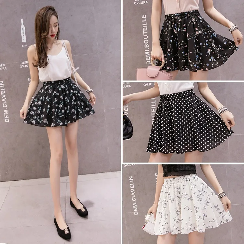 Женская плиссированная мини-юбка шифоновая черная юбка с цветочным принтом