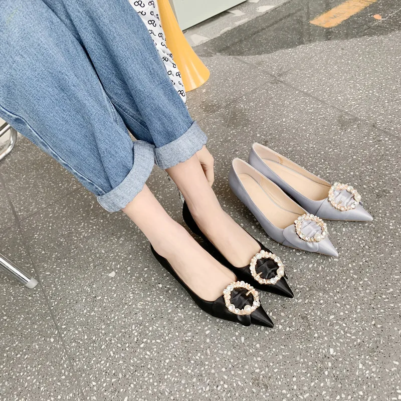 

2019 Spring Shoes Women's Silver Semi-high Heeled Thin Heeled 5 Centimeter Pointed-Toe Man-made Diamond Belt Buckle WOMEN'S Shoe