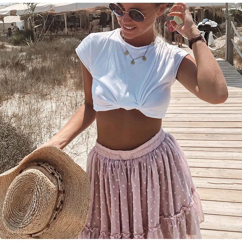 Boho летние плиссированные мини-юбки, женская короткая юбка в горошек с высокой талией, розовые трапециевидные шифоновые юбки с цветочным принтом и рюшами