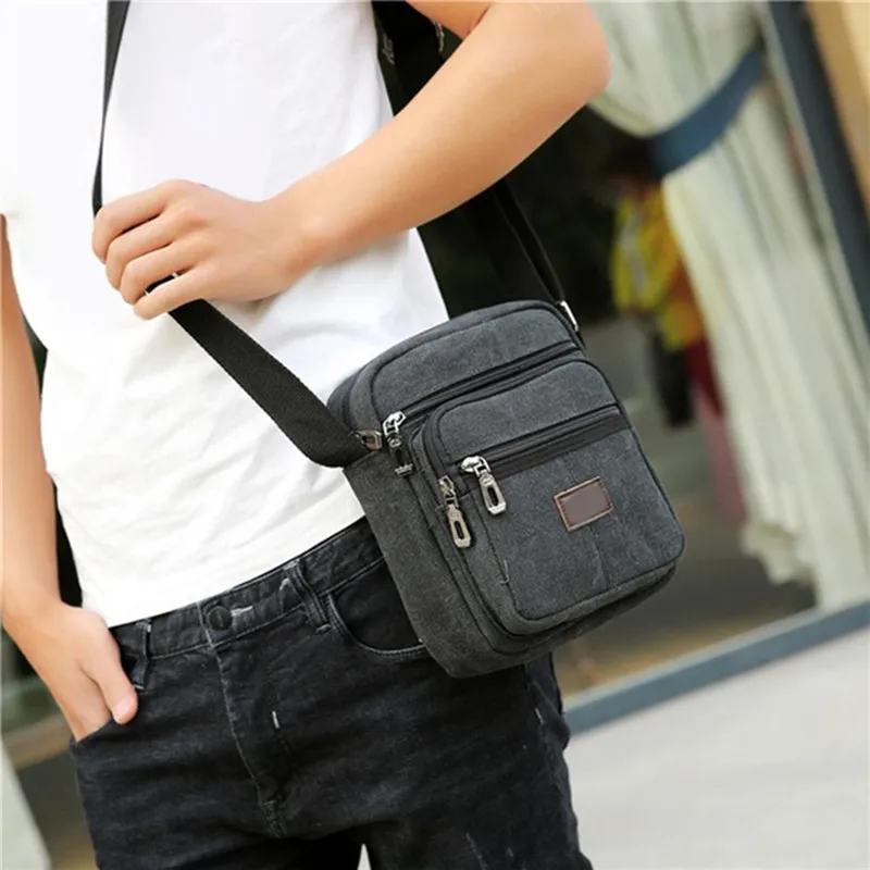 Men Shoulder Bag Casual Canvas Crossbody Bag Travel Flap School Retro Solid Color Zipper Male Shoulder Bag Fashion