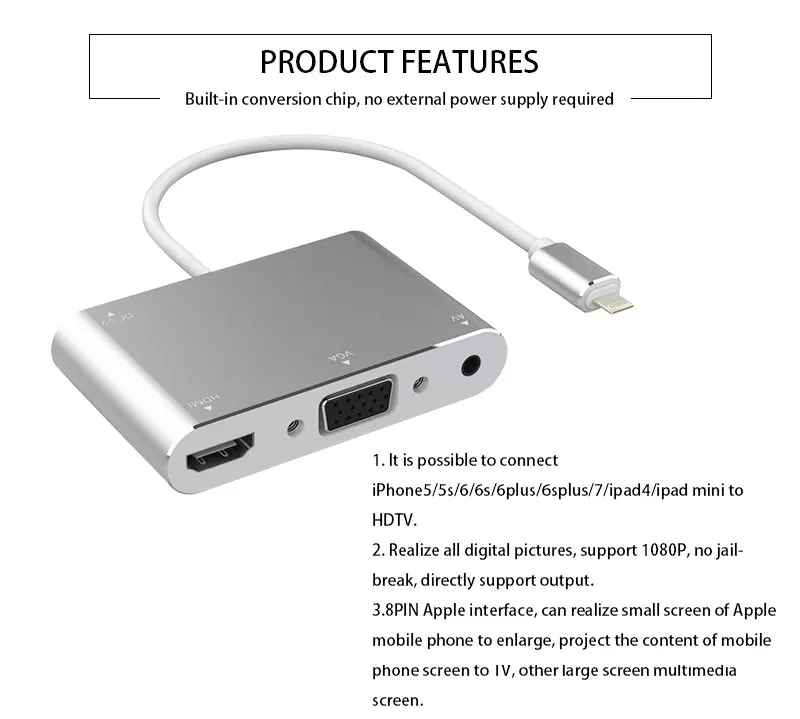 Для телефона Apple к HDMI подключение Lightning к Hdmi Vga два-в-одном конвертер