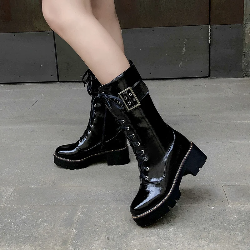 

Patent Leather Thick-Soled Double-Breasted Cross-Strap Side Zipper Motorcycle Boots Muffin Heel Warm Plush Lining Mid-Calf Boots