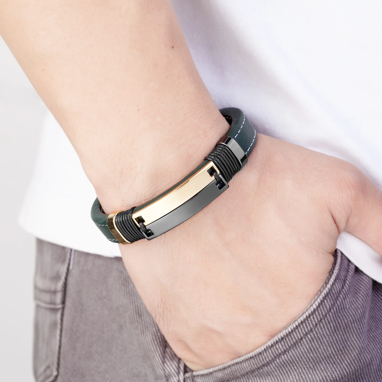 2021 New Fashion Punk Style Double Row Smooth Multicolor Stainless Steel Men's Bracelet Charm Green Wide Leather Cord Bracelet - Image 5