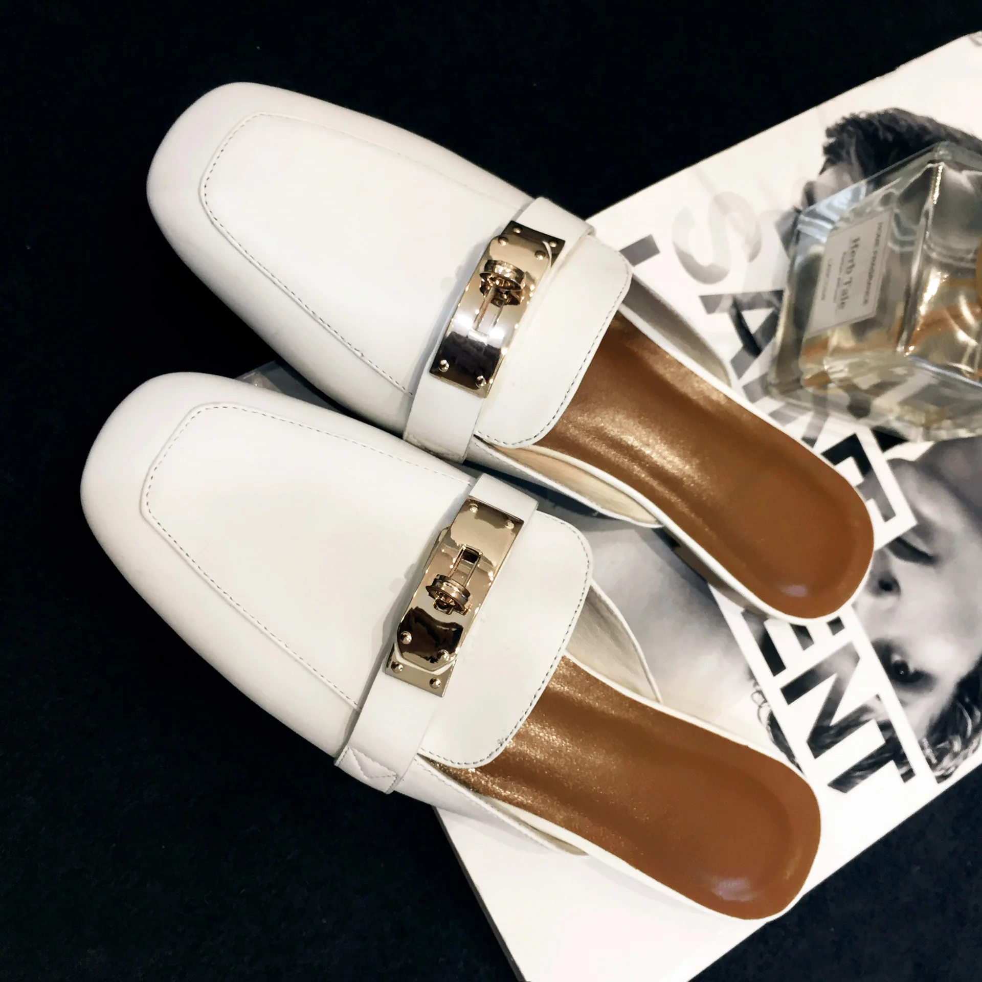 

2019 Spring And Summer New Style Genuine Leather Semi-Closed-toe Sandals Women's Square Head without Showing Toes Flat Loafers