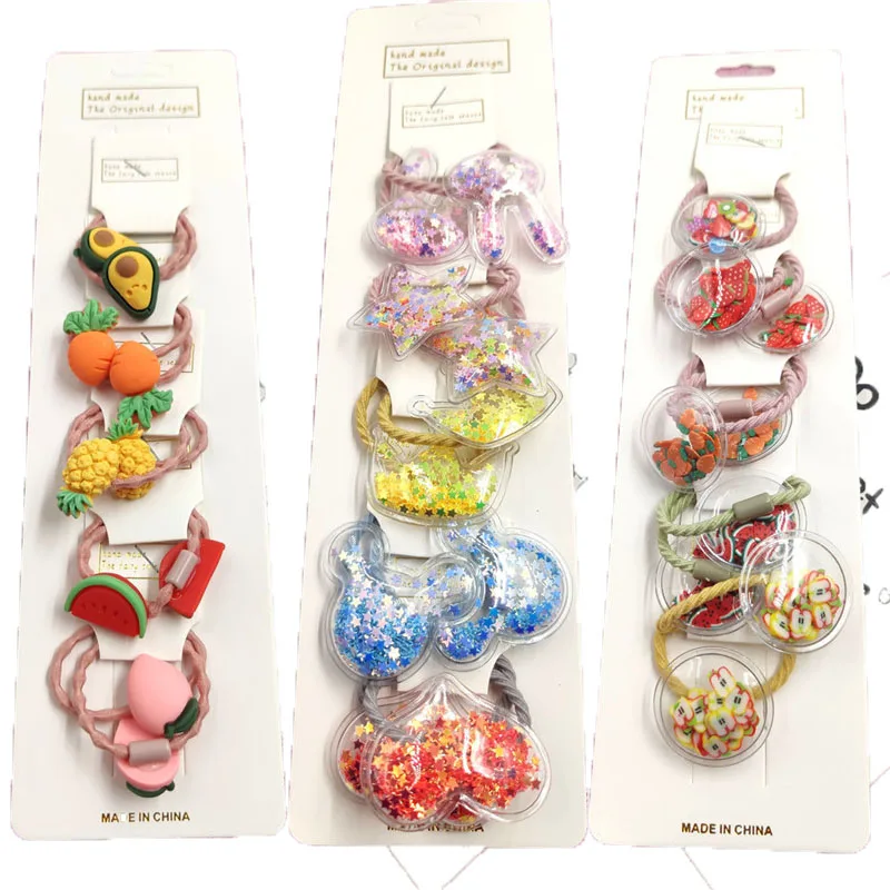 

10PCS/LOT Lovely Fruits Hairball Star Elastic Hair Bands For Girls Handmade With Card Scrunchy Kids Hair Accessories For Women