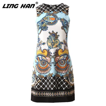 

LINGHAN Fashion Print Mini Dress Women's Elegant O-Neck Beading Sleeveless party Dresses Designer Spring Summer New