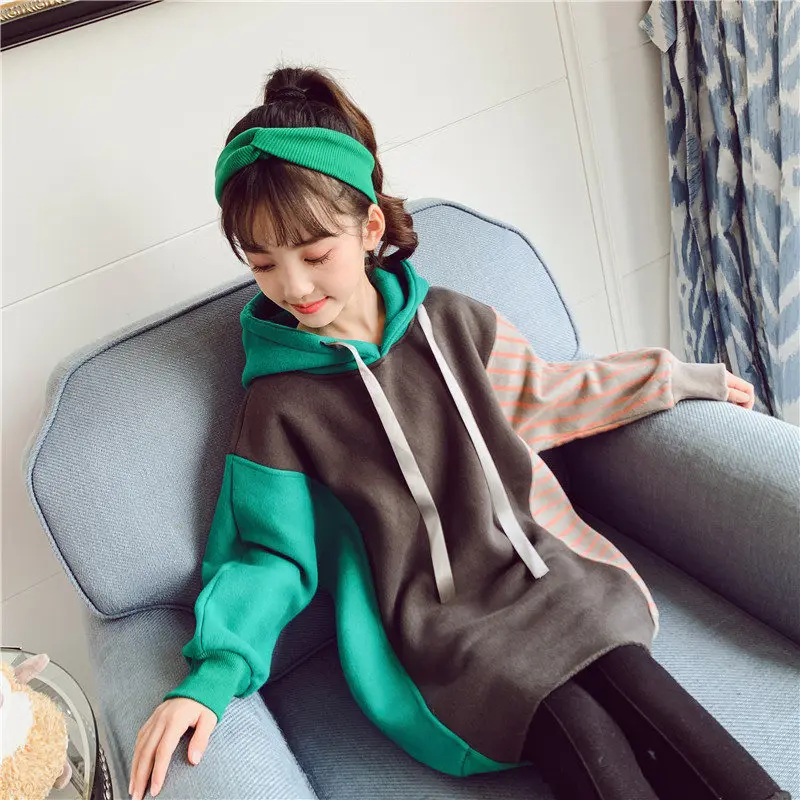 Детский свитер в стиле пэчворк для девочек от 5 до 14 лет, толстовки с капюшоном для подростков, хлопковое повседневное длинное платье с длинными рукавами осенне-зимняя одежда в Корейском стиле