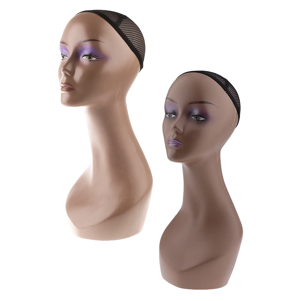 Perfeclan 2Pieces 20'' Women Makeup Mannequin Head Bust Jewelry Display Stand - Coffee and Normal Skin Colors