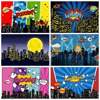 

Vinyl Backdrop For Photography Baby Comic City Buildings Superhero Birthday Party Poster Kid Banner Photo Background Photostudio